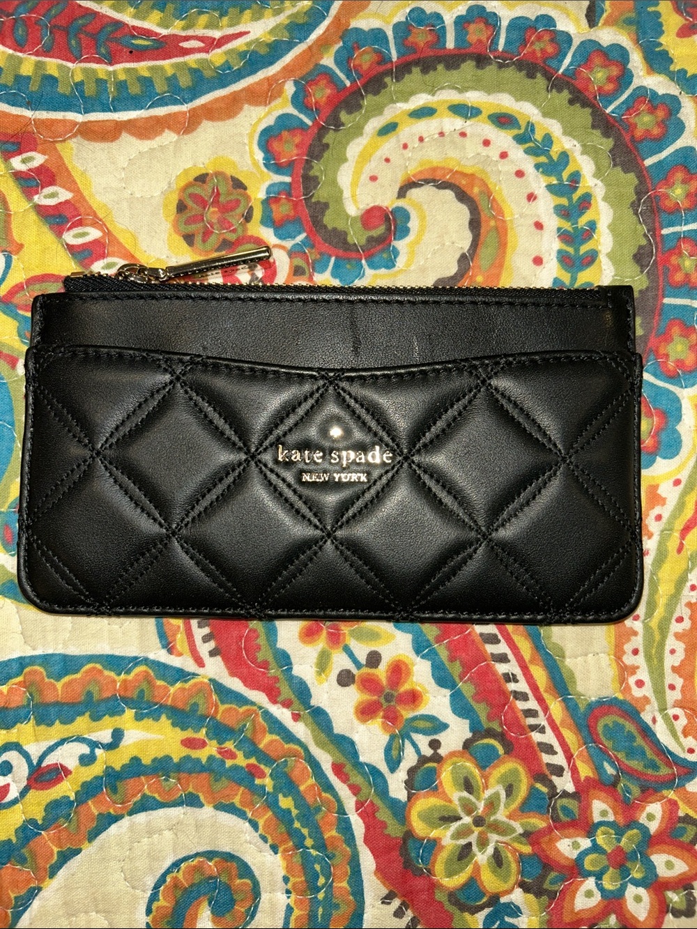 kate spade Black Quilted Leather Zip Card Wallet